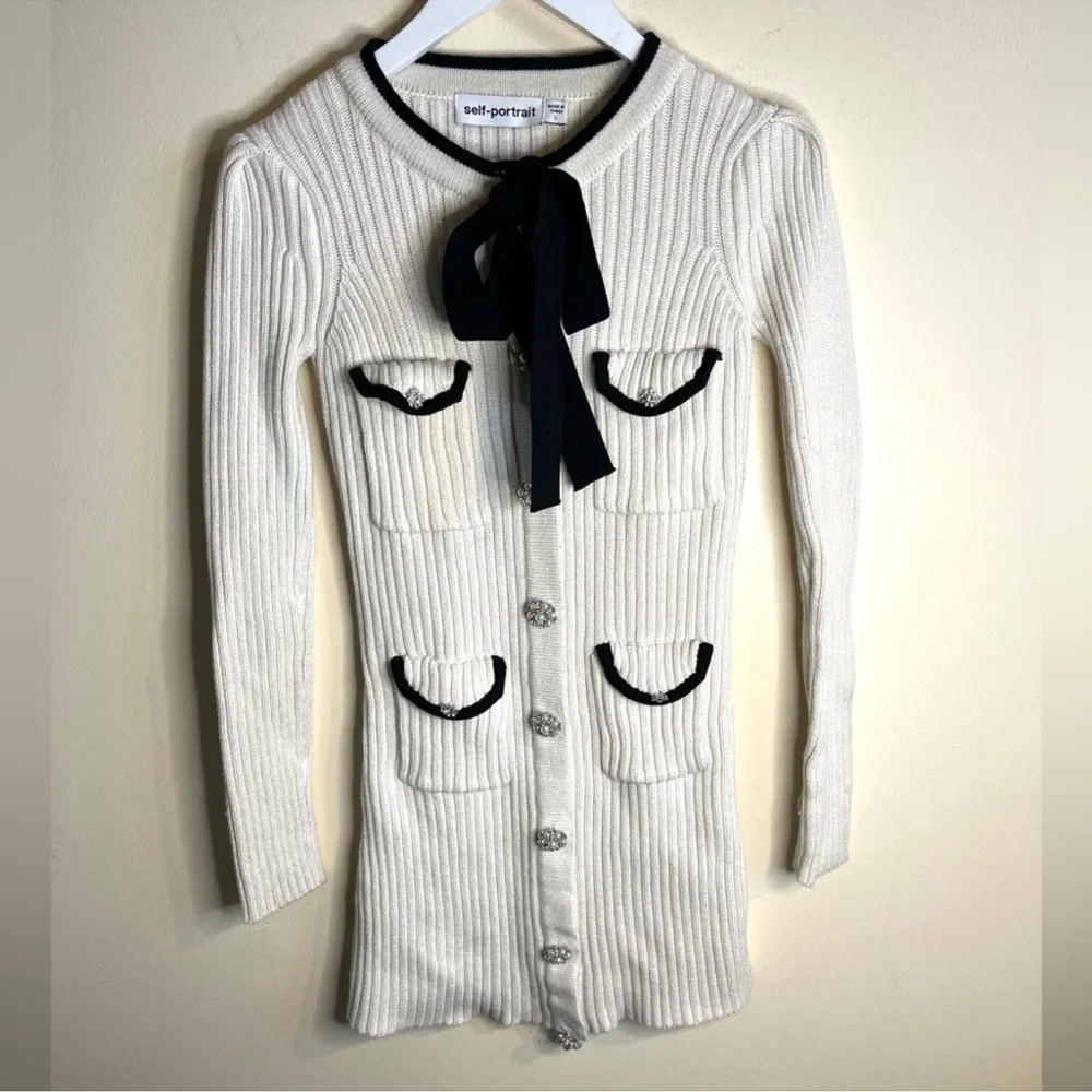 Self Portrait Lurex White Knit Dress with Black Accents crystal buttons - Picture 3 of 10